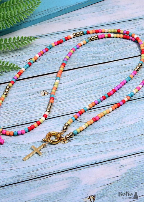 Boho Necklace, Seed Bead Layered Choker, Double Cross
